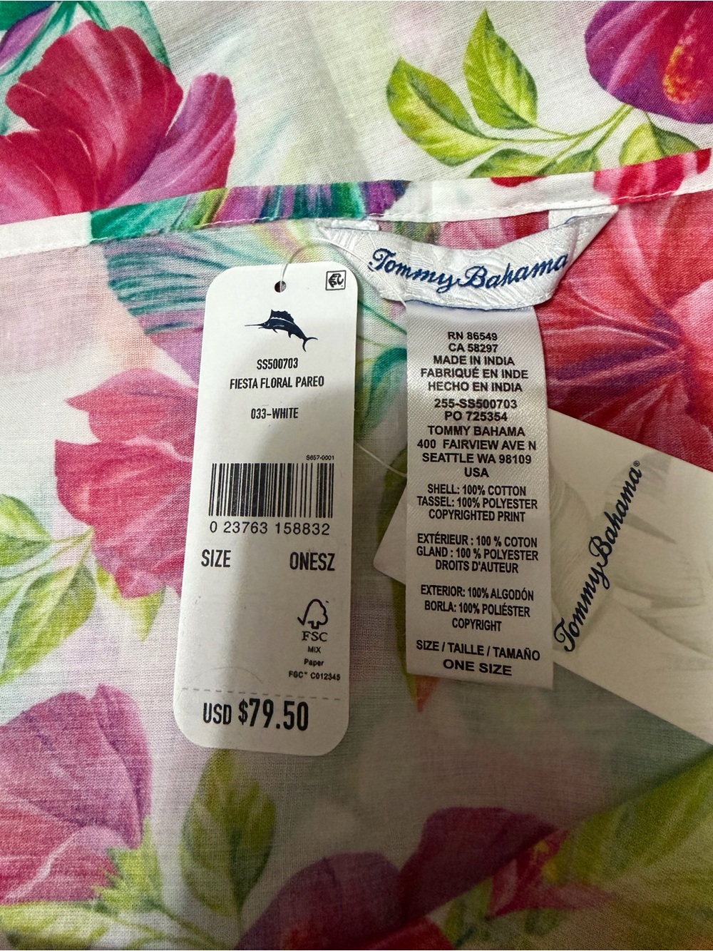 NWT Tommy Bahama Fiesta Floral Pareo Rectangular Wraparound Skirt 4.5"x57" - Picture 5 of 5